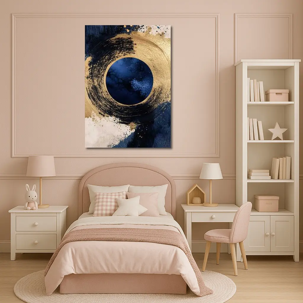 Gold Circle Brushstroke Abstract Dark Blue Art – Wall Art