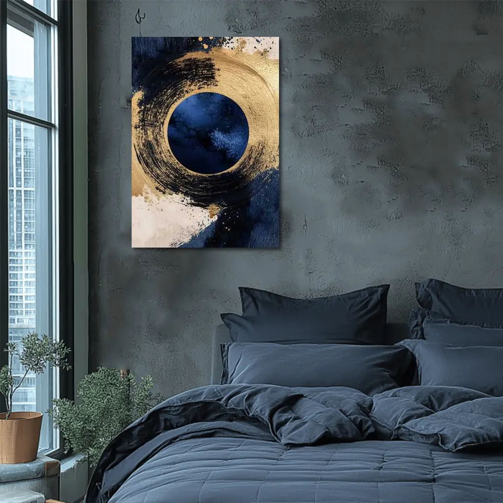 Gold Circle Brushstroke Abstract Dark Blue Art – Wall Art