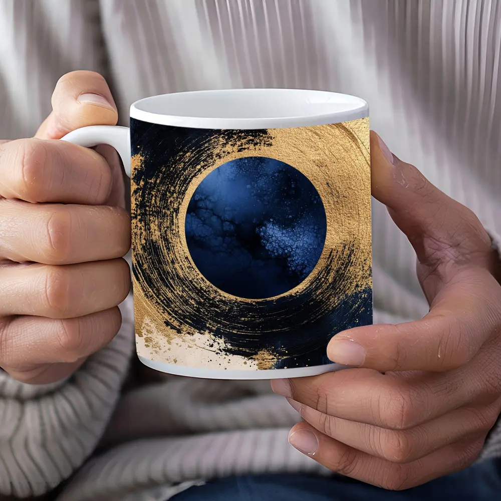 Gold Circle Brushstroke Abstract Dark Blue Art – Mugs