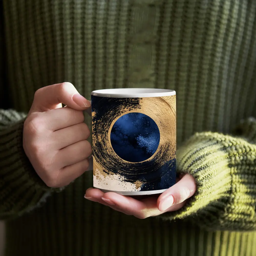 Gold Circle Brushstroke Abstract Dark Blue Art – Mugs