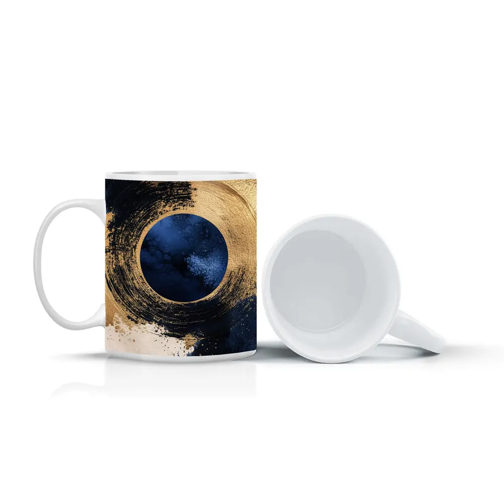 Gold Circle Brushstroke Abstract Dark Blue Art – Mugs
