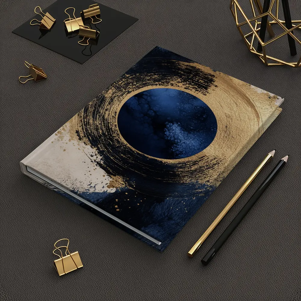 Gold Circle Brushstroke Abstract Dark Blue Art – Notebooks