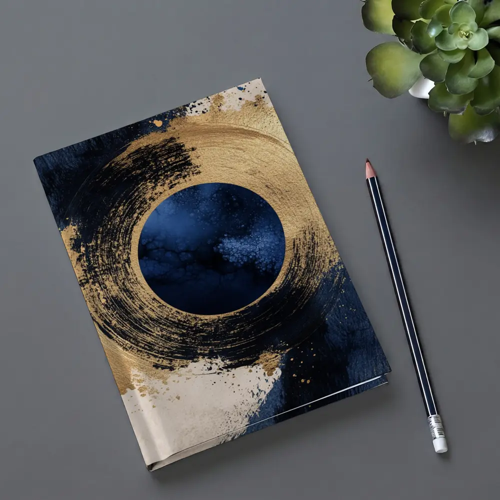 Gold Circle Brushstroke Abstract Dark Blue Art – Notebooks