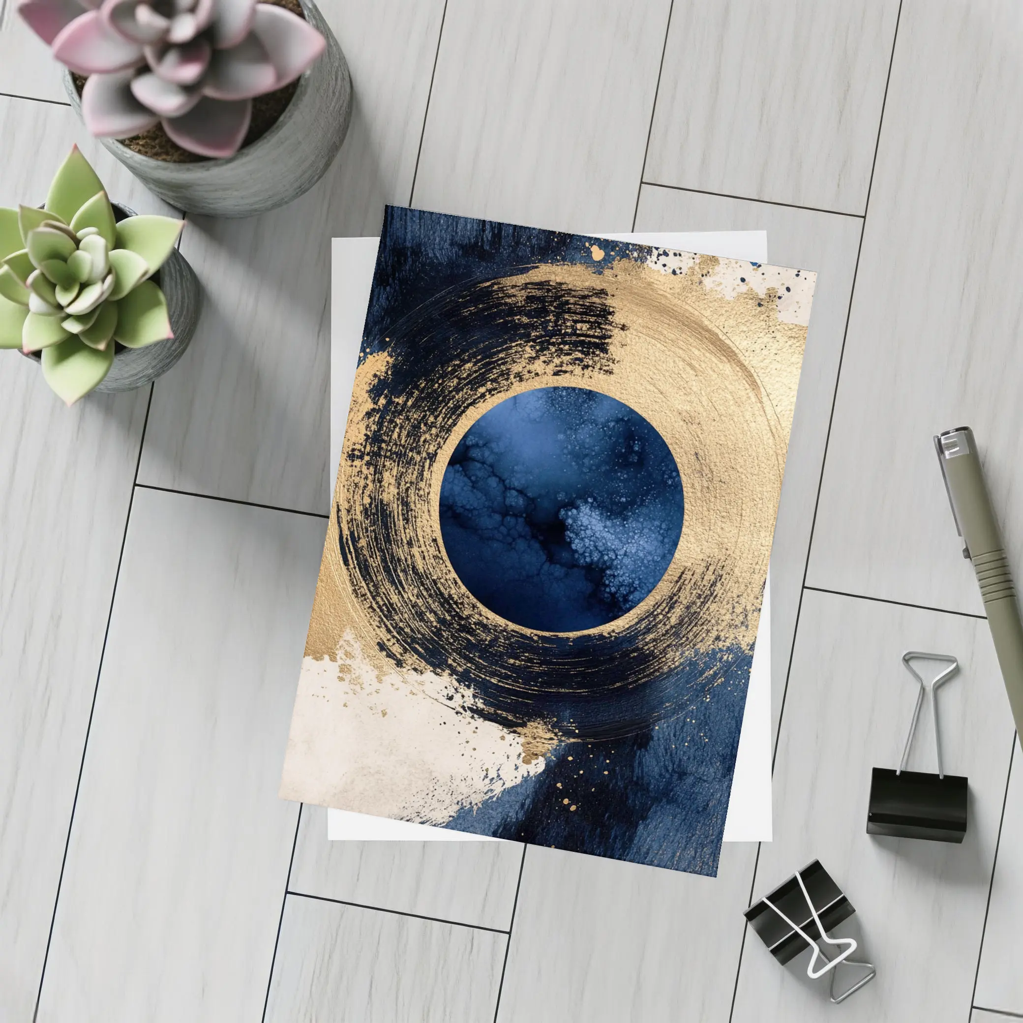 Gold Circle Brushstroke Abstract Dark Blue Art – Postcards