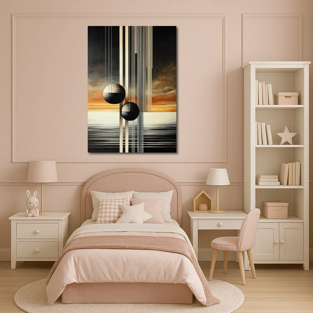 Abstract Geometric Spheres Sunset Sky Art – Wall Art