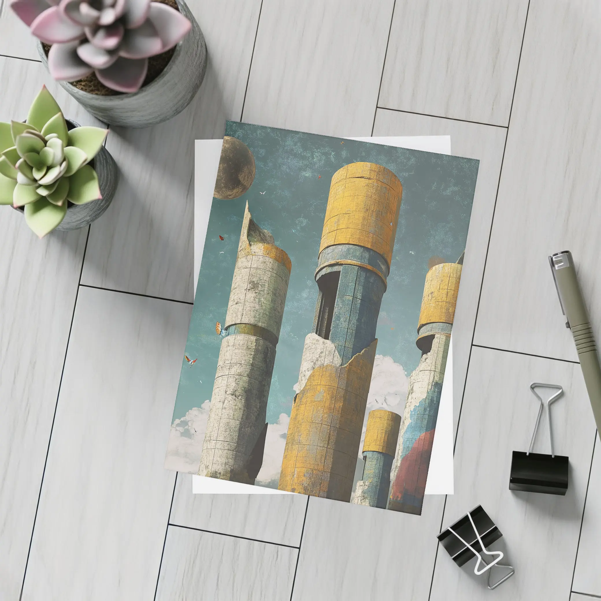 Brutalist Towers Surreal Sky Abstract Art – Postcards