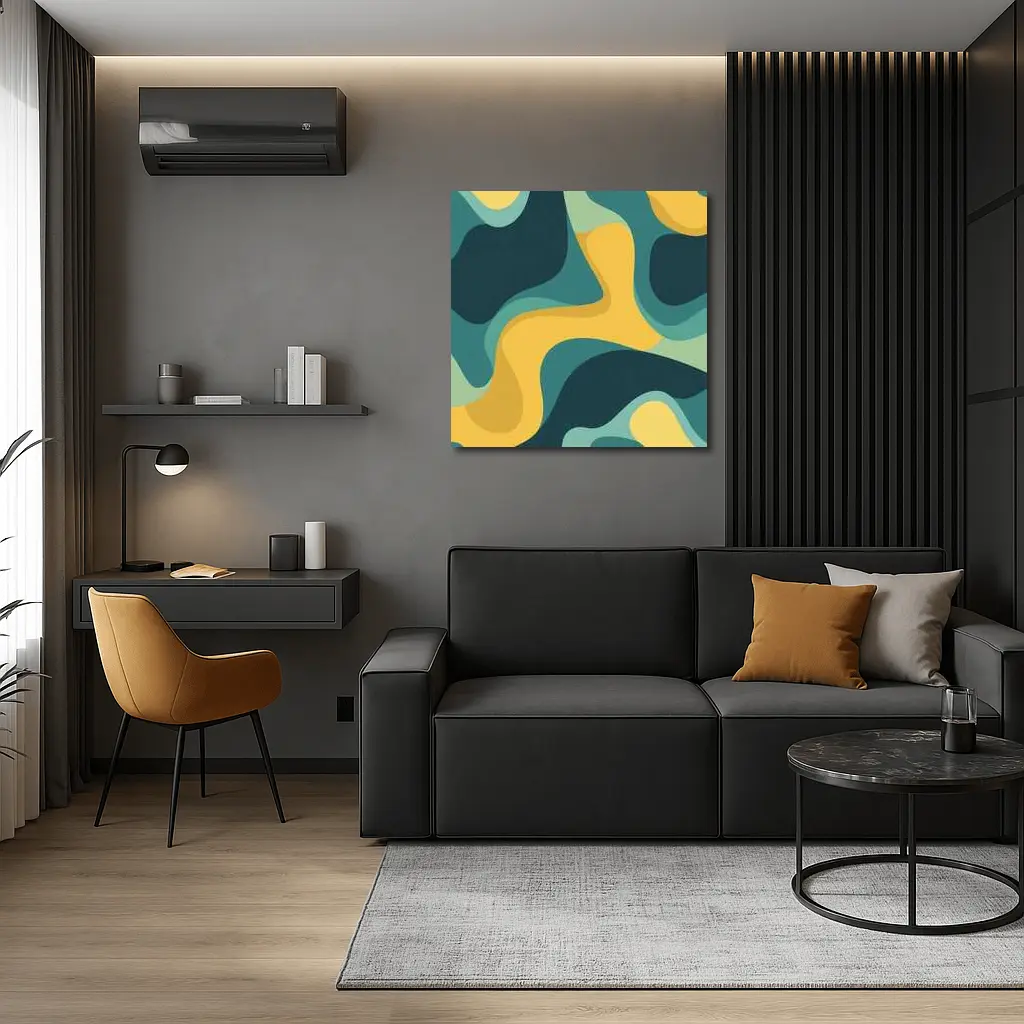 Teal and Yellow Abstract Wavy Organic Shapes – Wall Art