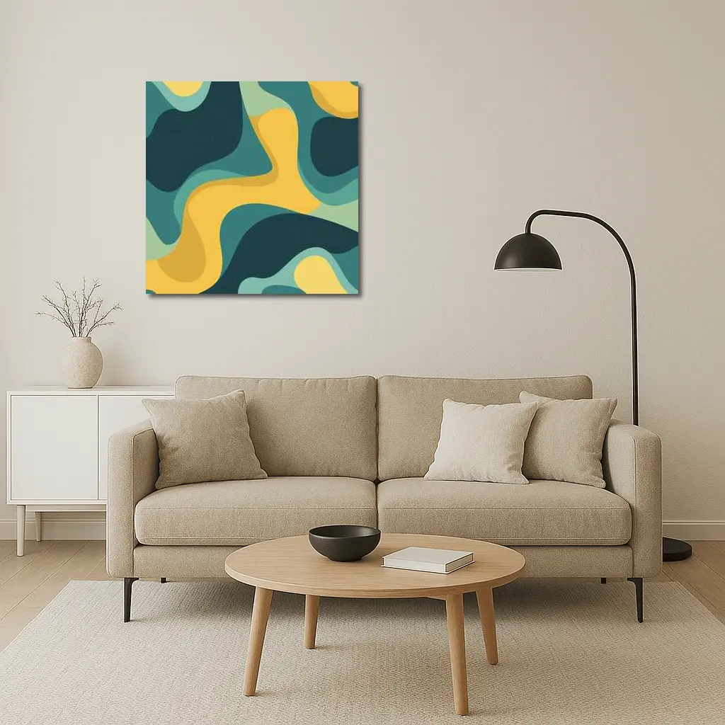 Teal and Yellow Abstract Wavy Organic Shapes – Wall Art