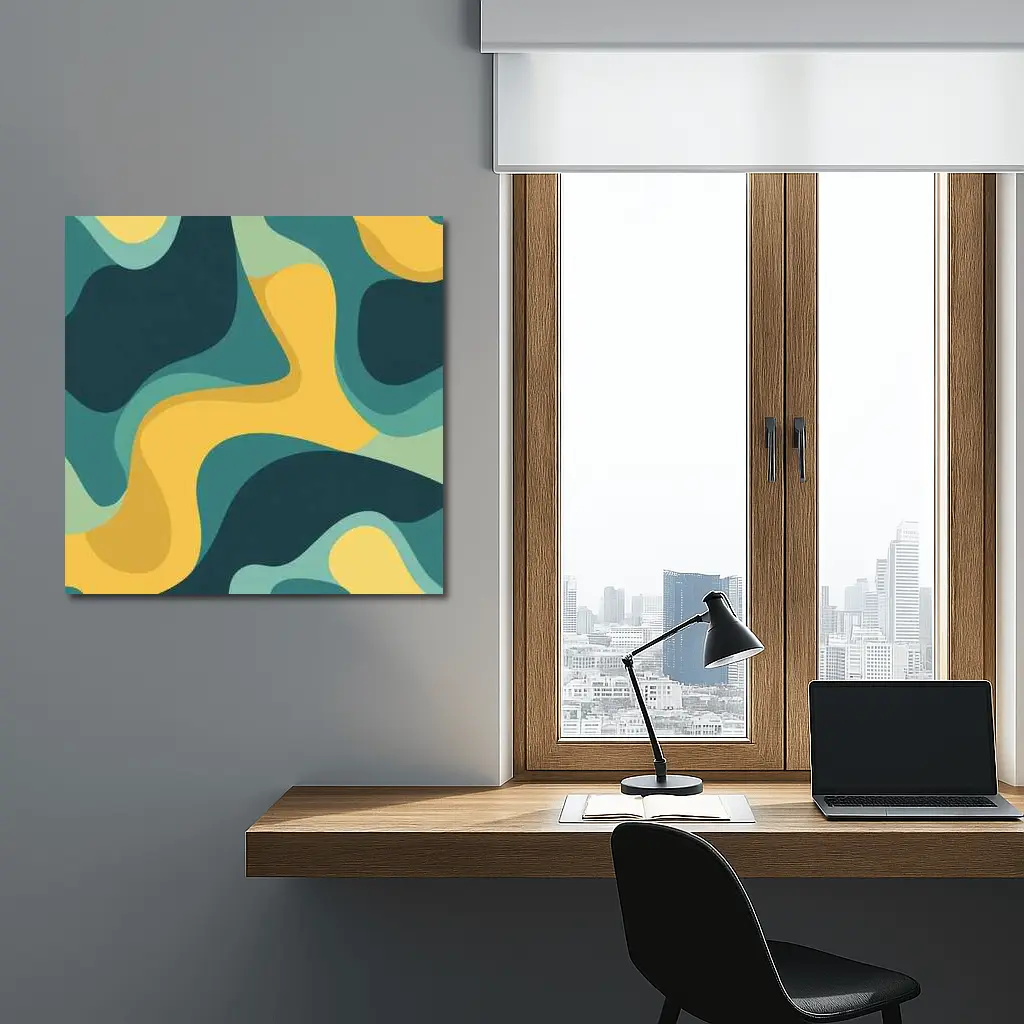 Teal and Yellow Abstract Wavy Organic Shapes – Wall Art