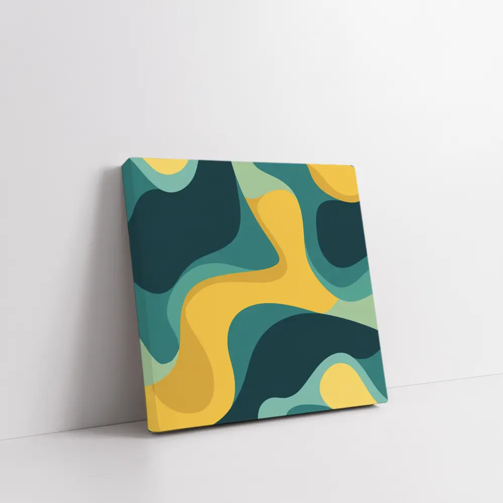 Teal and Yellow Abstract Wavy Organic Shapes – Wall Art