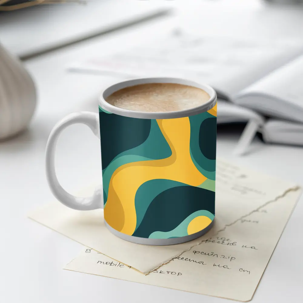 Teal and Yellow Abstract Wavy Organic Shapes – Mugs