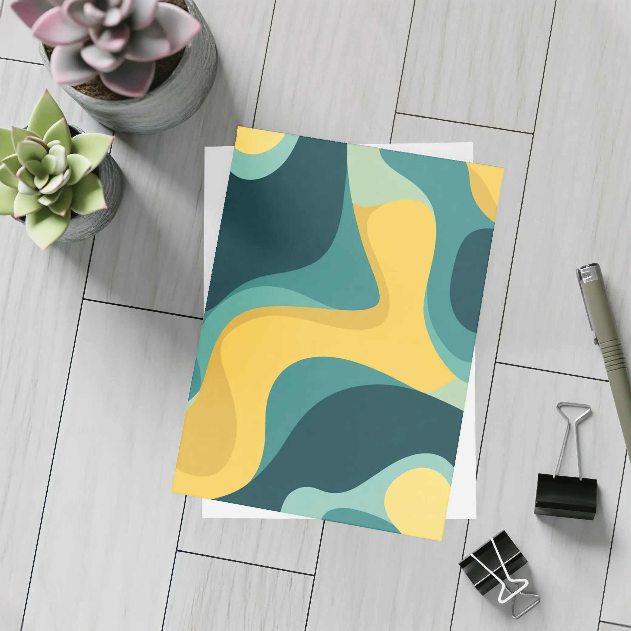 Teal and Yellow Abstract Wavy Organic Shapes – Postcards