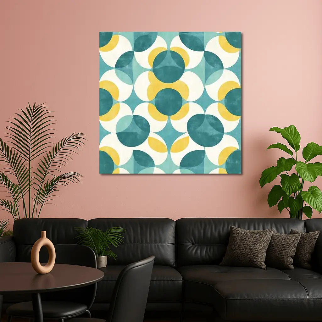Retro Geometric Circle Pattern Teal Yellow – Wall Art