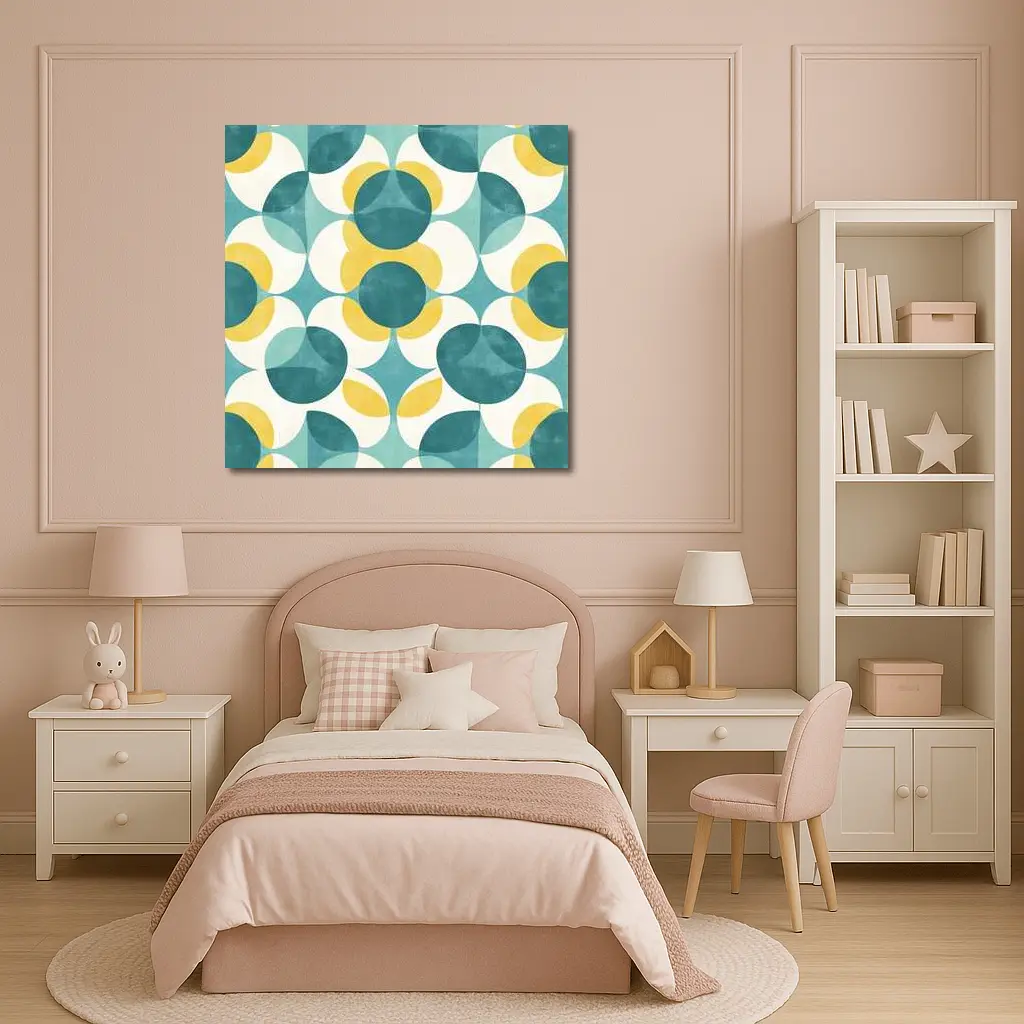 Retro Geometric Circle Pattern Teal Yellow – Wall Art