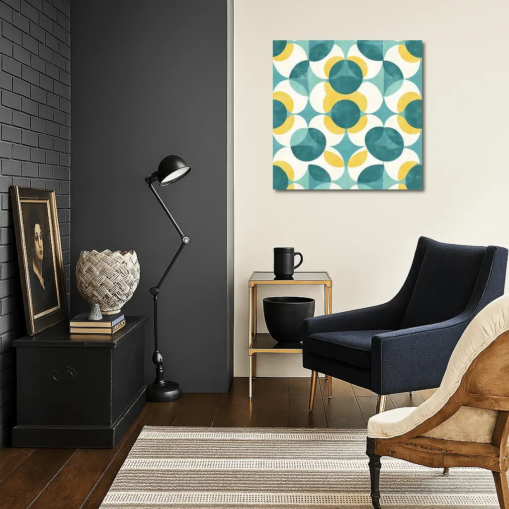 Retro Geometric Circle Pattern Teal Yellow – Wall Art