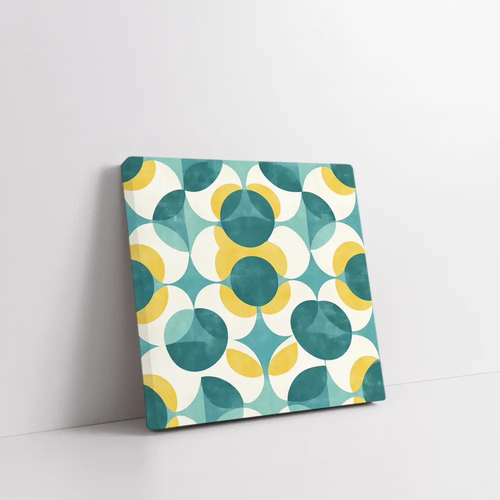 Retro Geometric Circle Pattern Teal Yellow – Wall Art