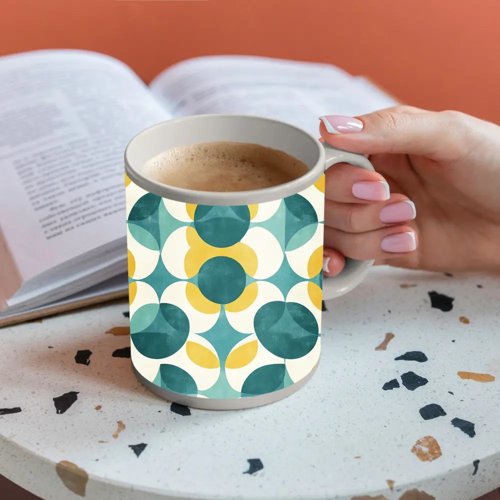 Retro Geometric Circle Pattern Teal Yellow – Mugs
