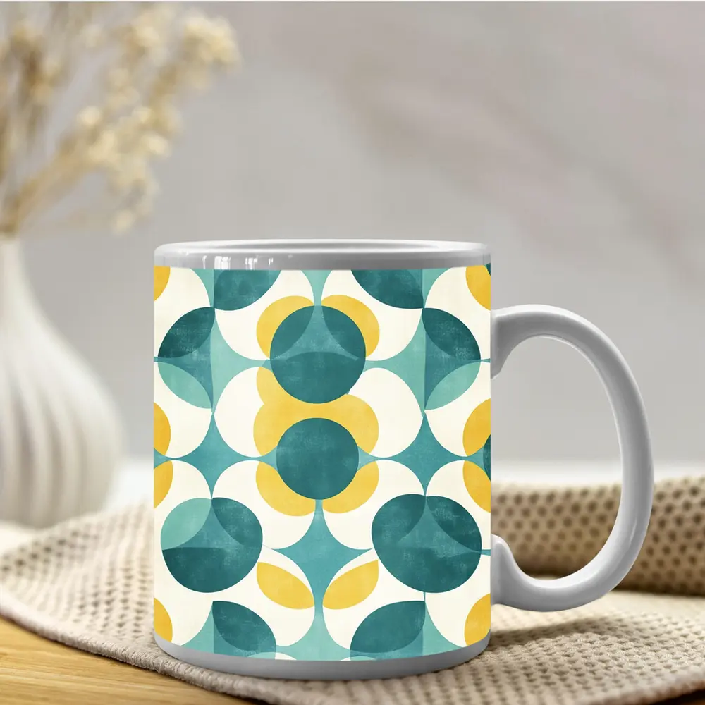 Retro Geometric Circle Pattern Teal Yellow – Mugs