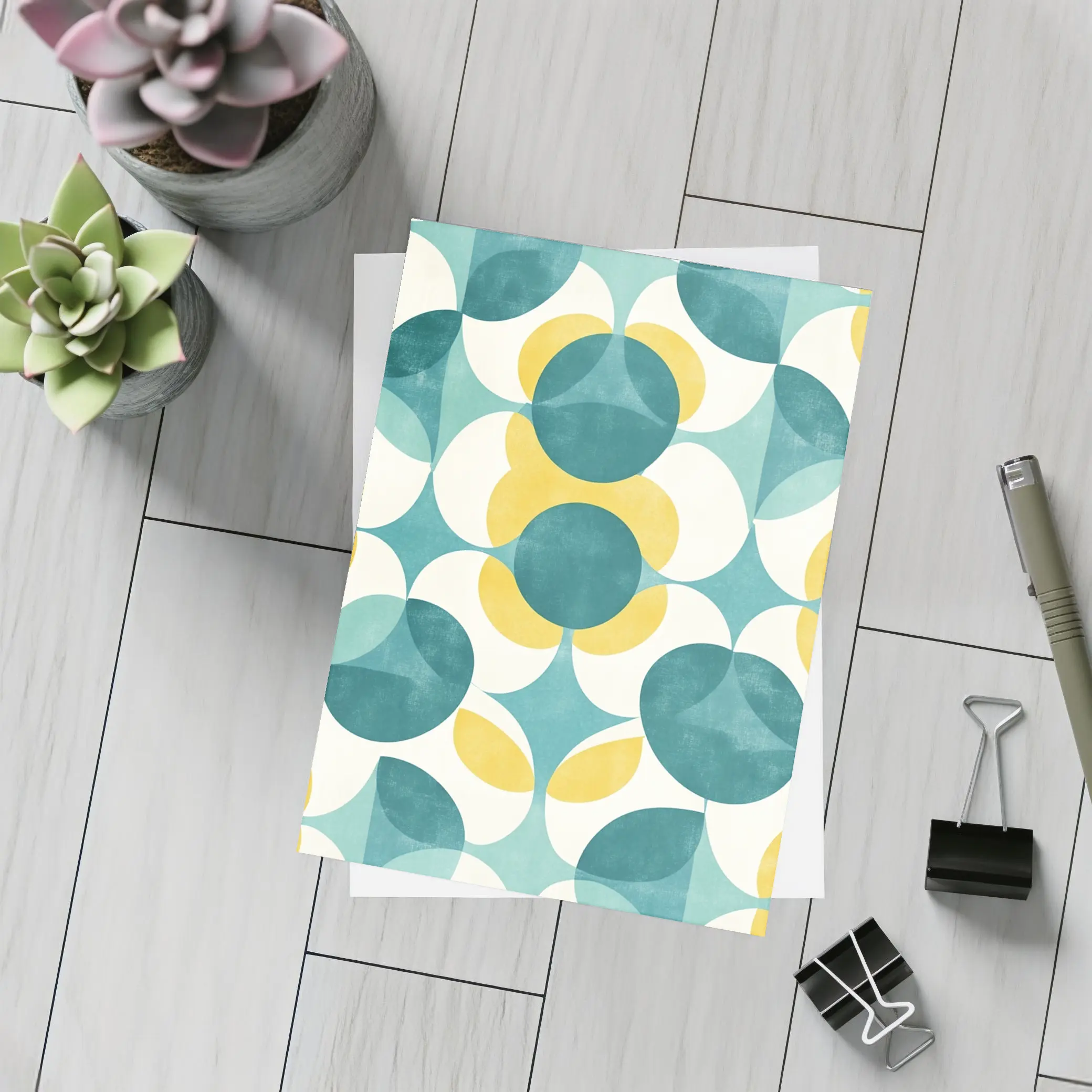 Retro Geometric Circle Pattern Teal Yellow – Postcards