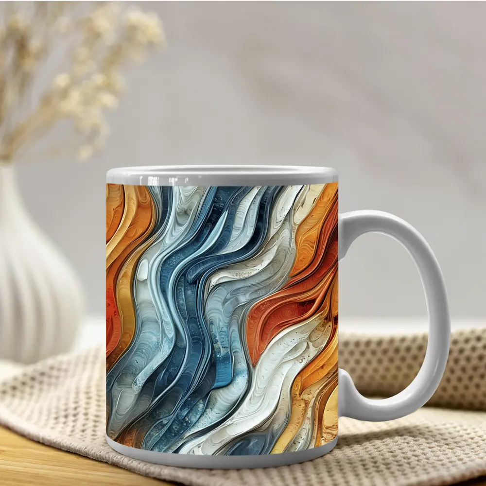 Flowing Waves Abstract Terracotta Blue Art – Mugs