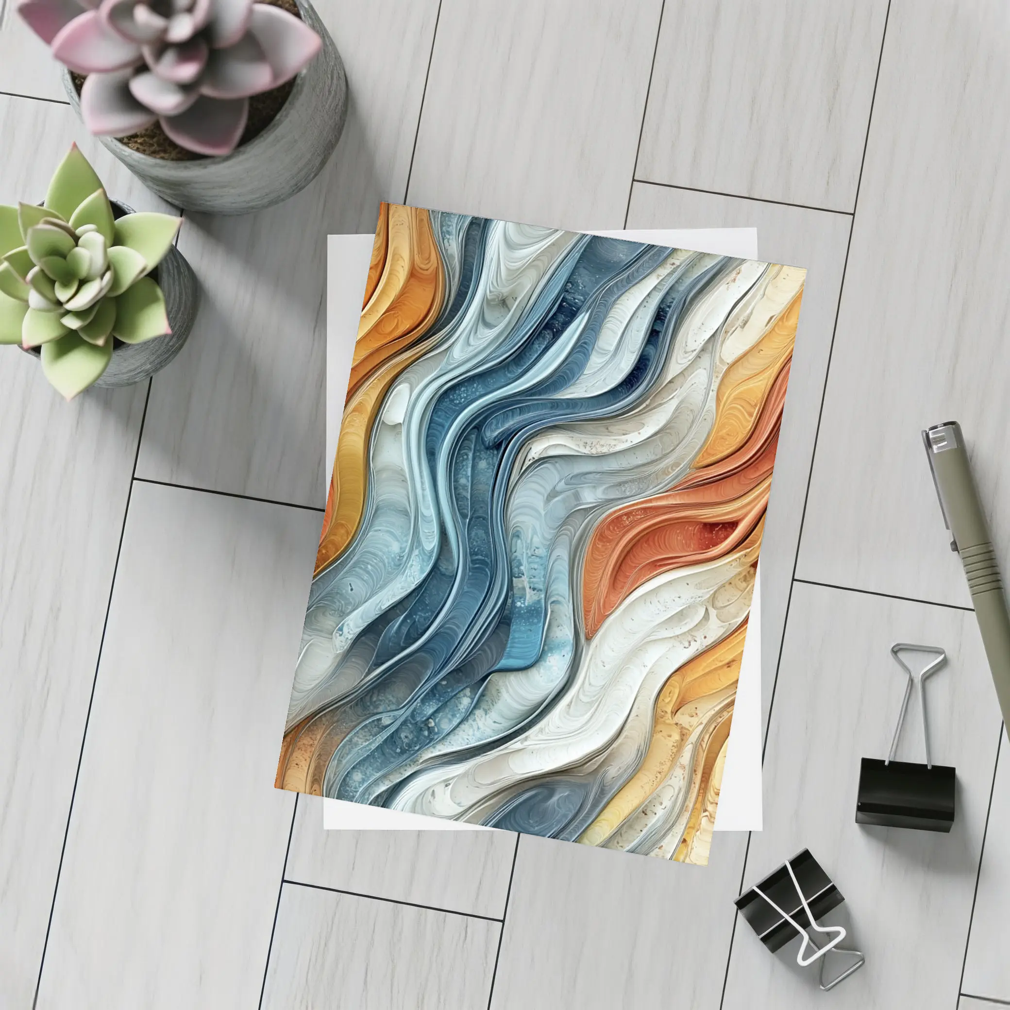 Flowing Waves Abstract Terracotta Blue Art – Postcards