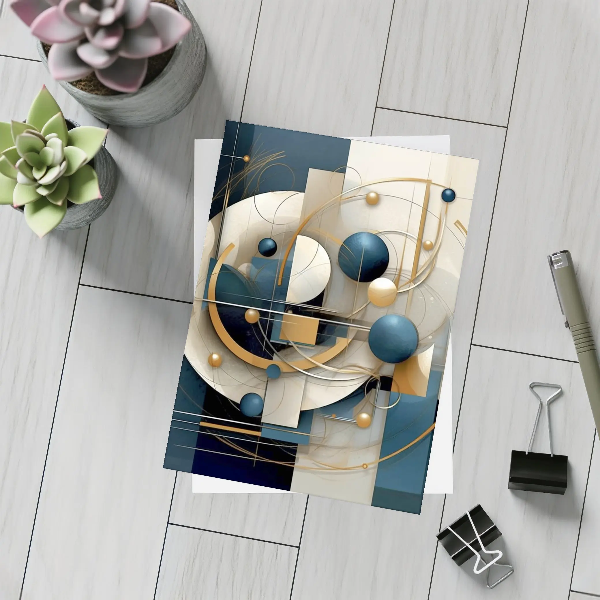 Abstract Blue Gold Geometric Spheres Art – Postcards