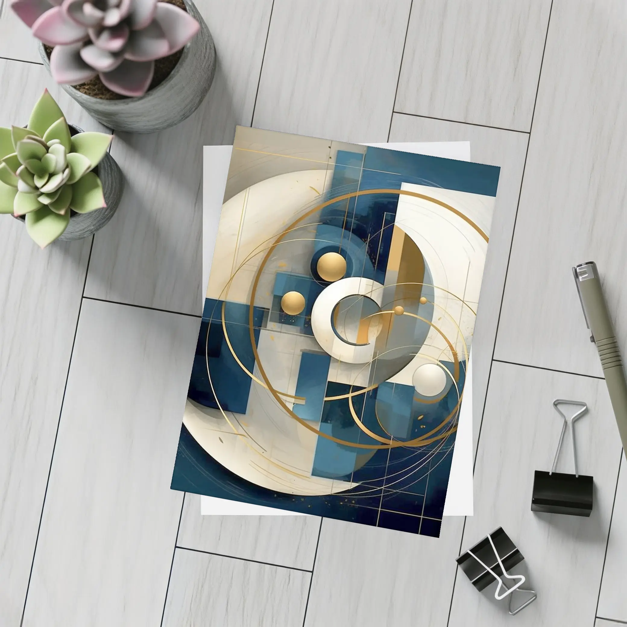 Abstract Blue Gold Geometric Circles Art – Postcards