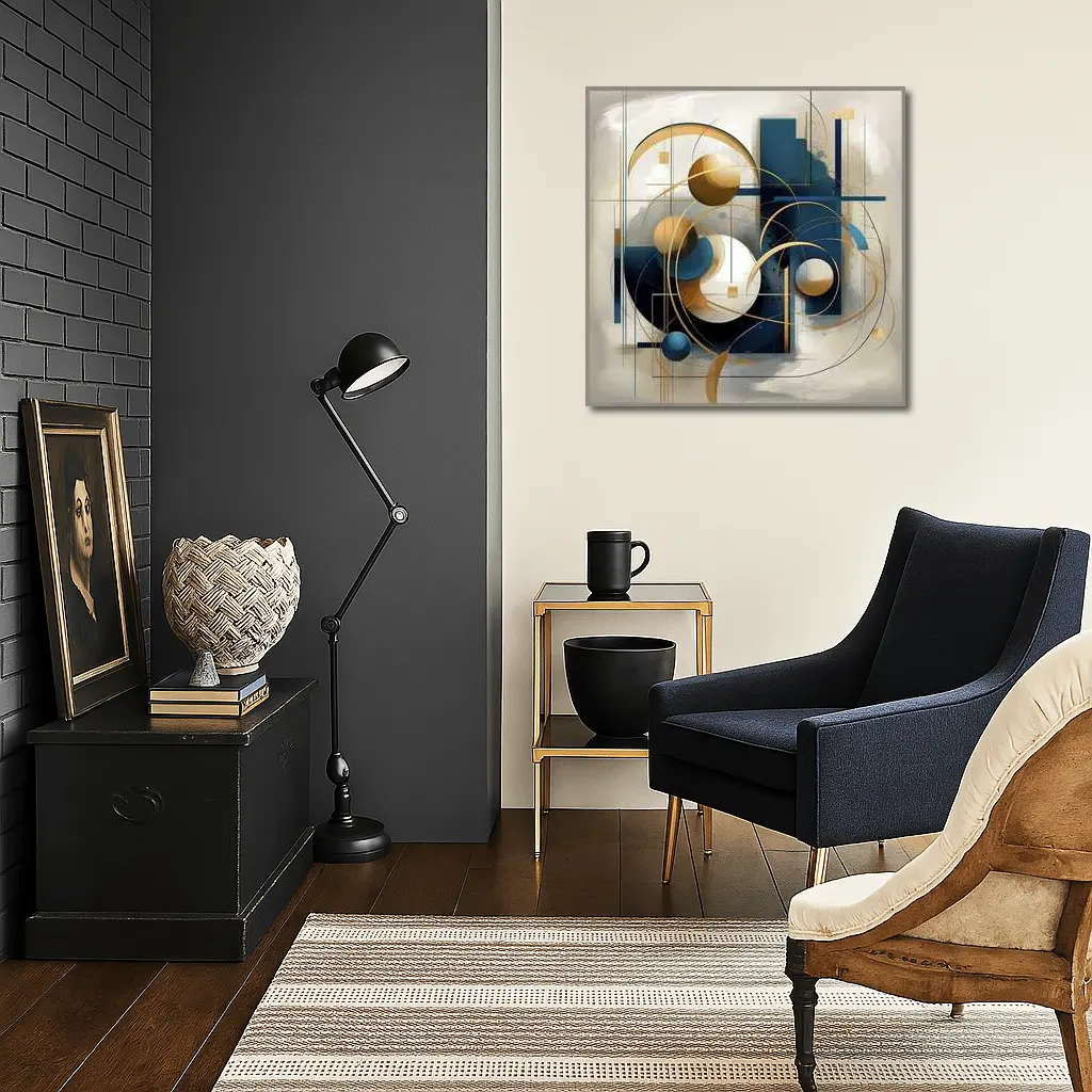 Gold Blue Geometric Abstract Art Beige Background – Wall Art