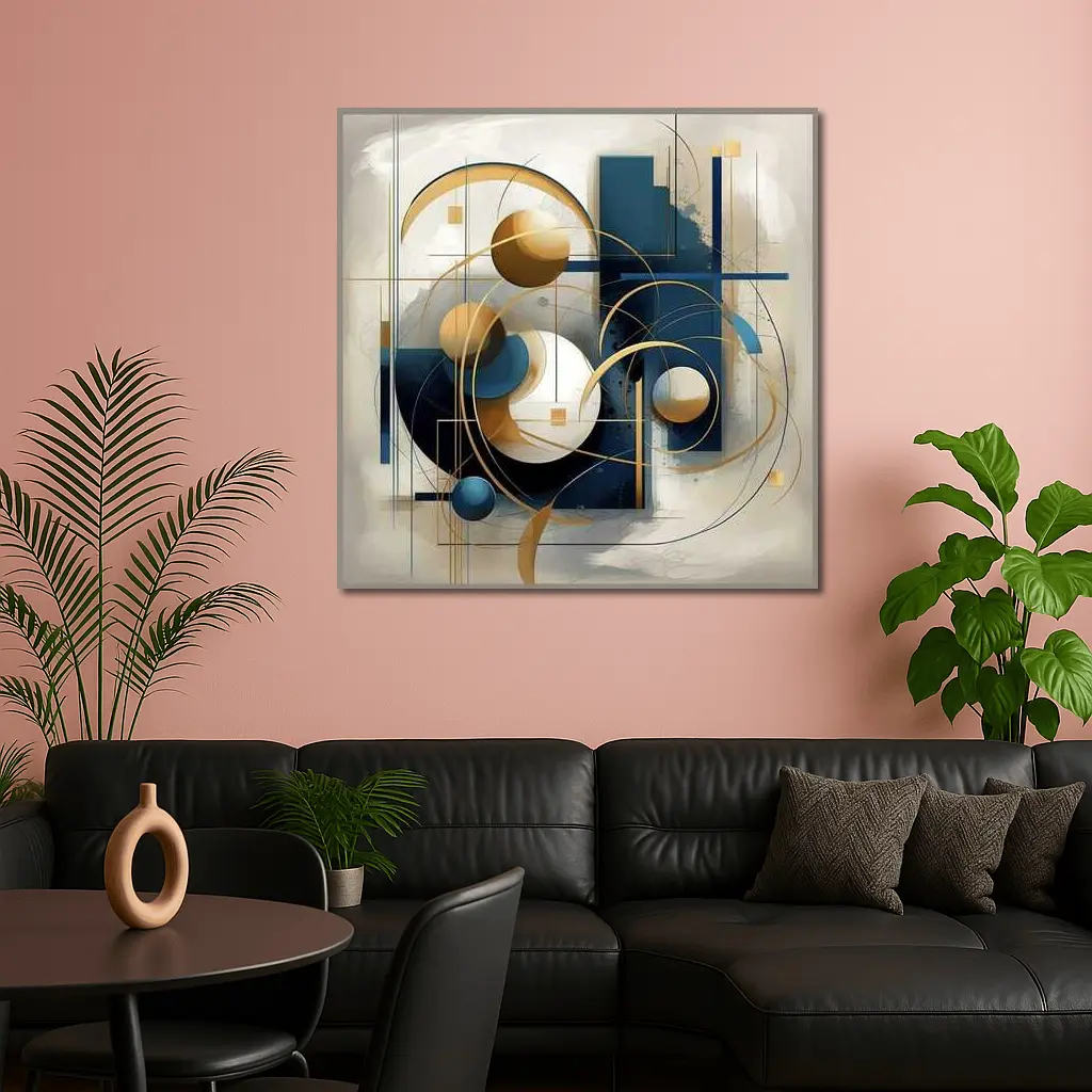 Gold Blue Geometric Abstract Art Beige Background – Wall Art