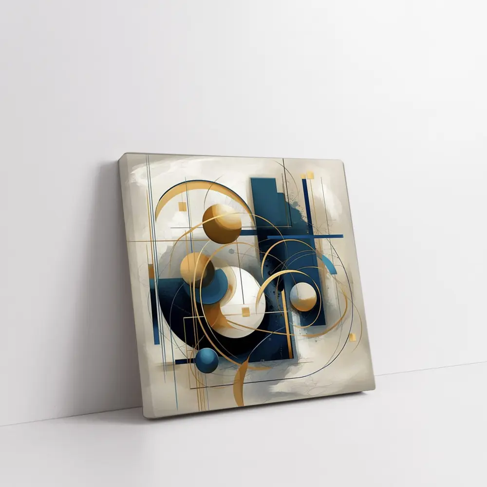 Gold Blue Geometric Abstract Art Beige Background – Wall Art
