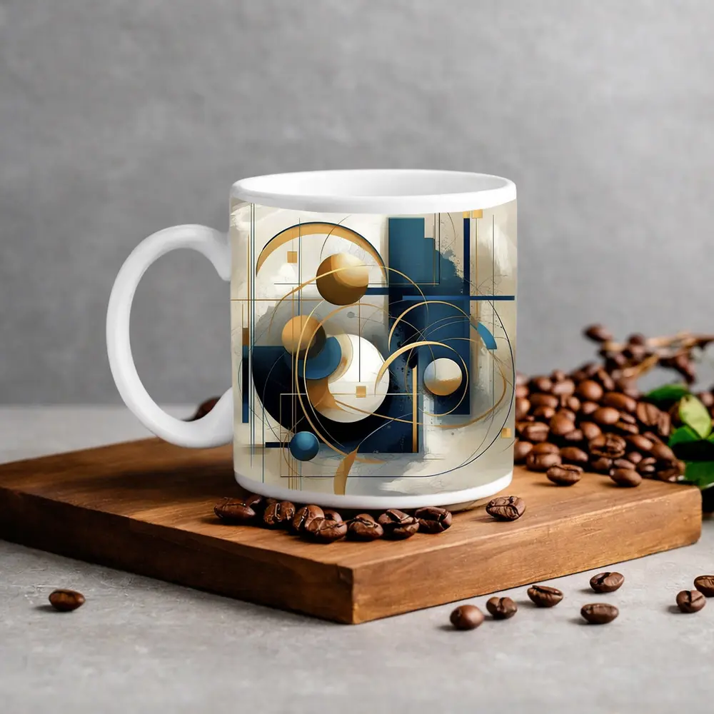 Gold Blue Geometric Abstract Art Beige Background – Mugs