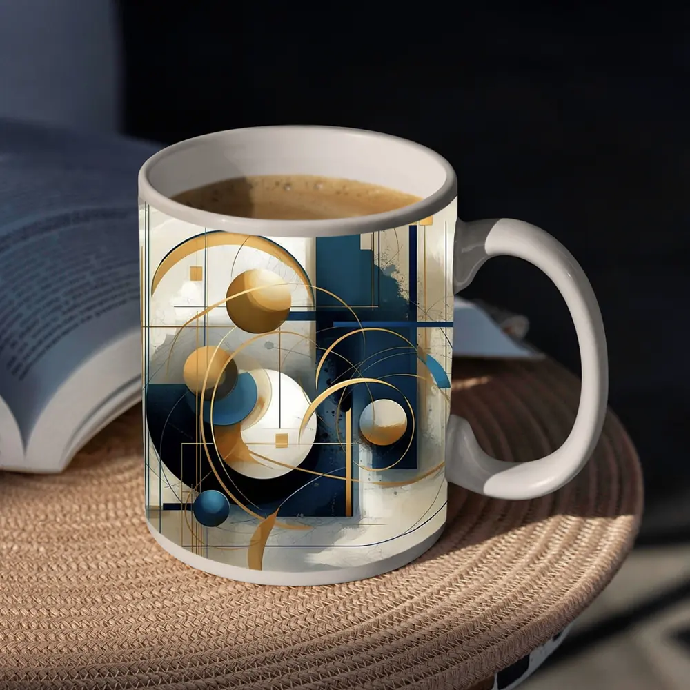 Gold Blue Geometric Abstract Art Beige Background – Mugs