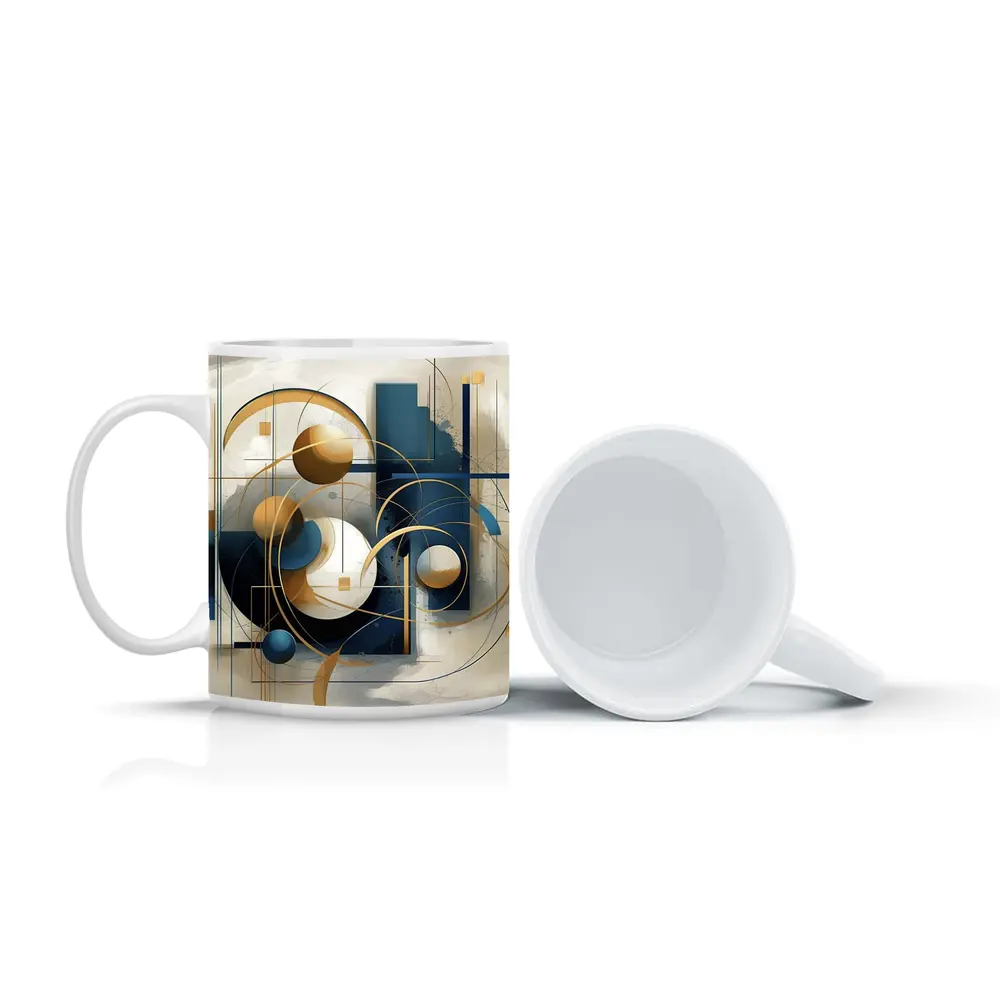Gold Blue Geometric Abstract Art Beige Background – Mugs