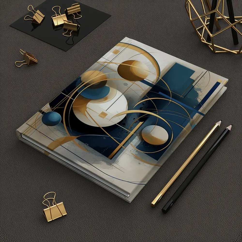 Gold Blue Geometric Abstract Art Beige Background – Notebooks