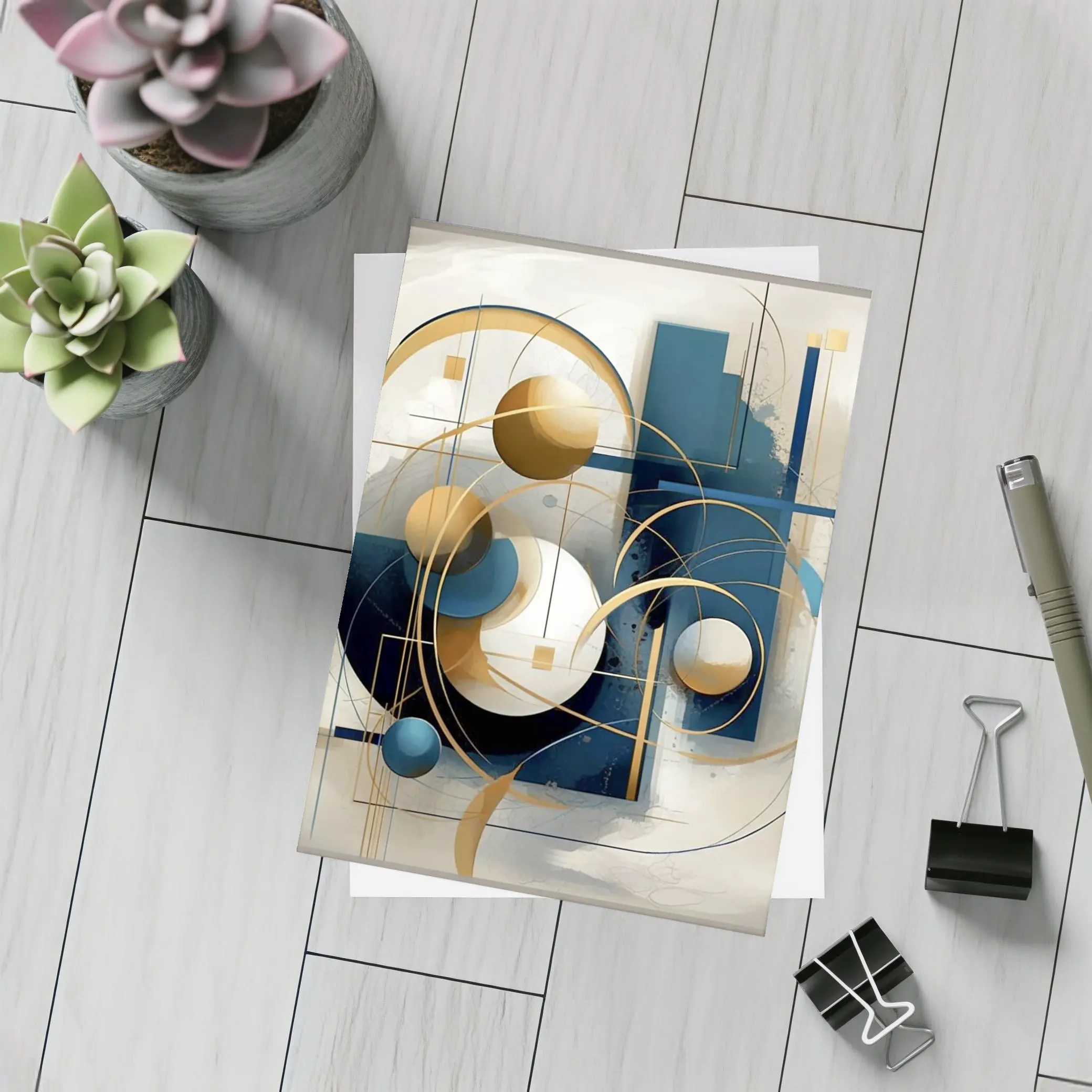 Gold Blue Geometric Abstract Art Beige Background – Postcards