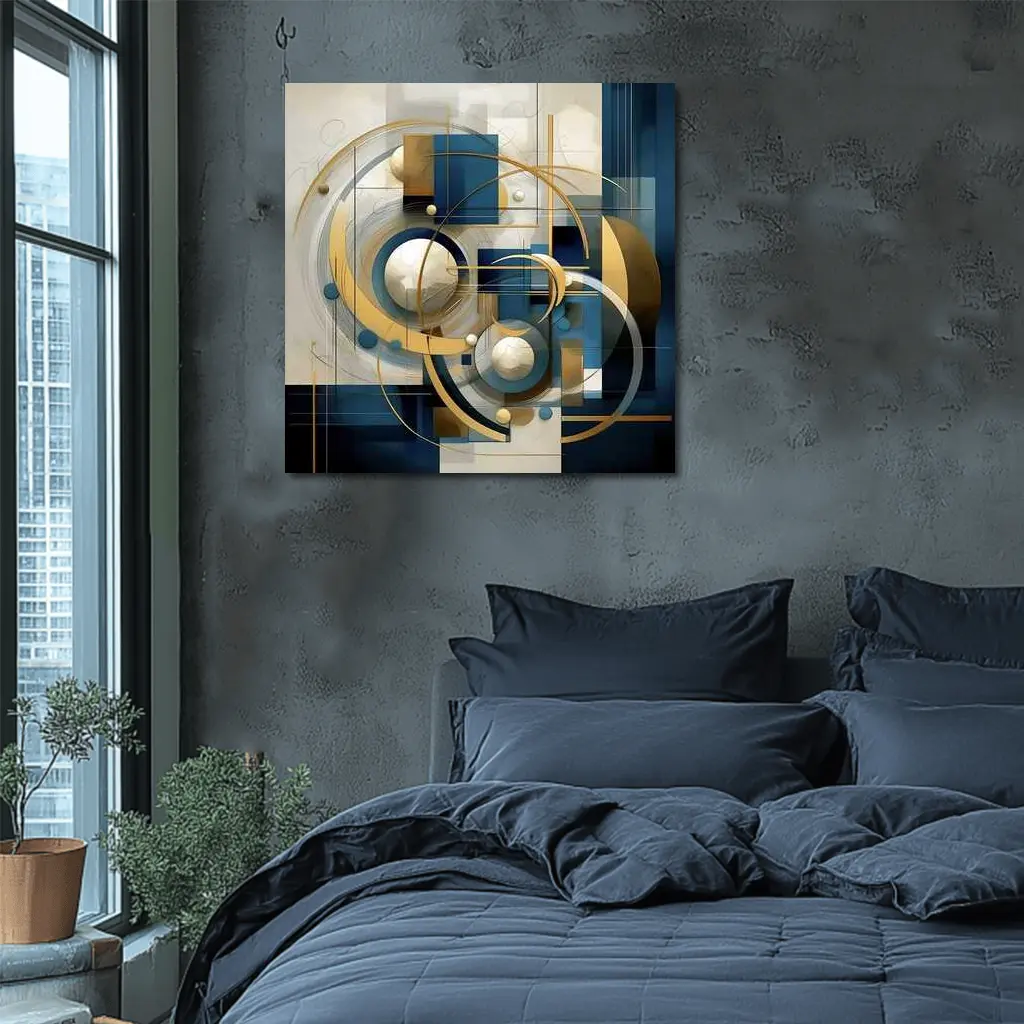 Gold Blue Geometric Abstract Art Circles – Wall Art