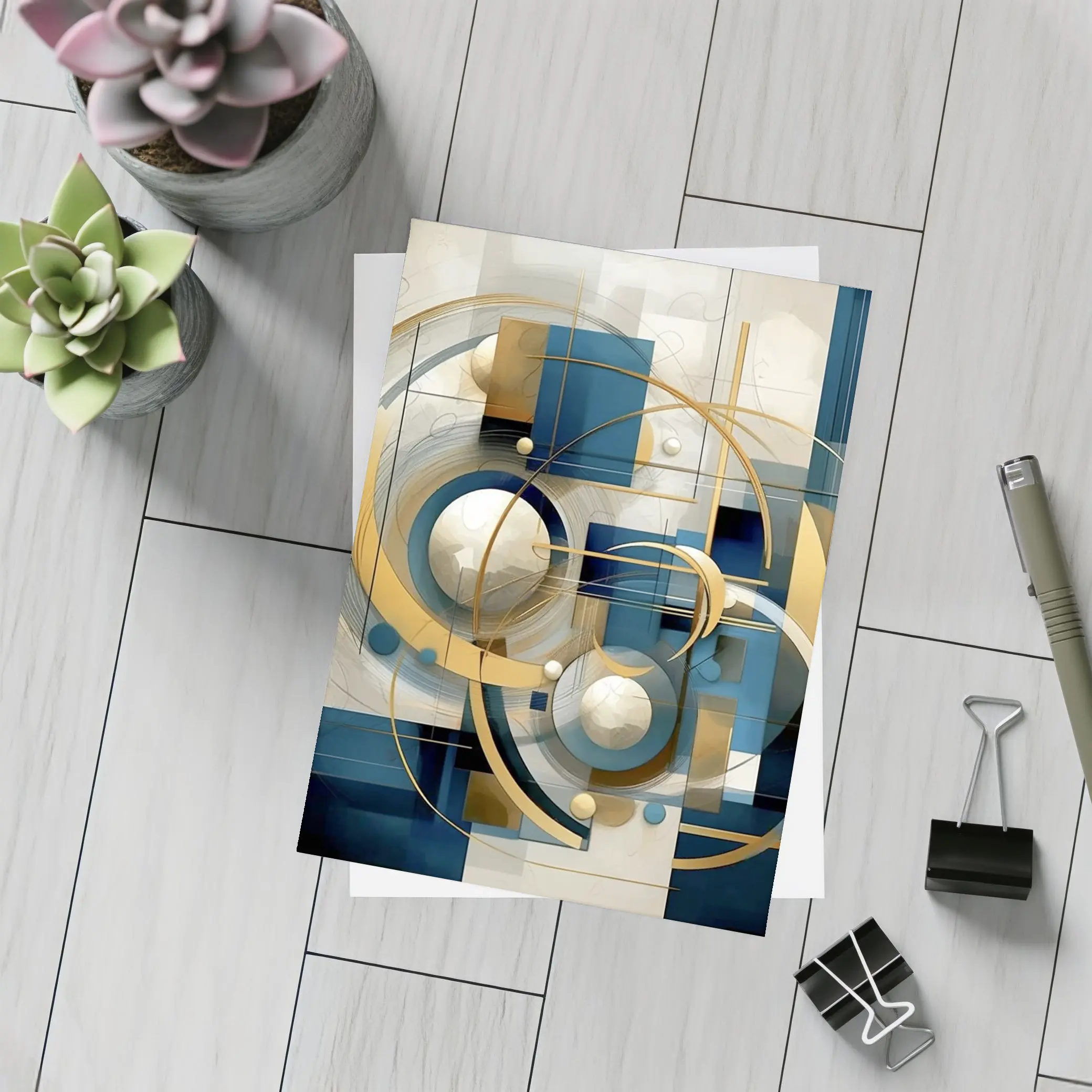 Gold Blue Geometric Abstract Art Circles – Postcards