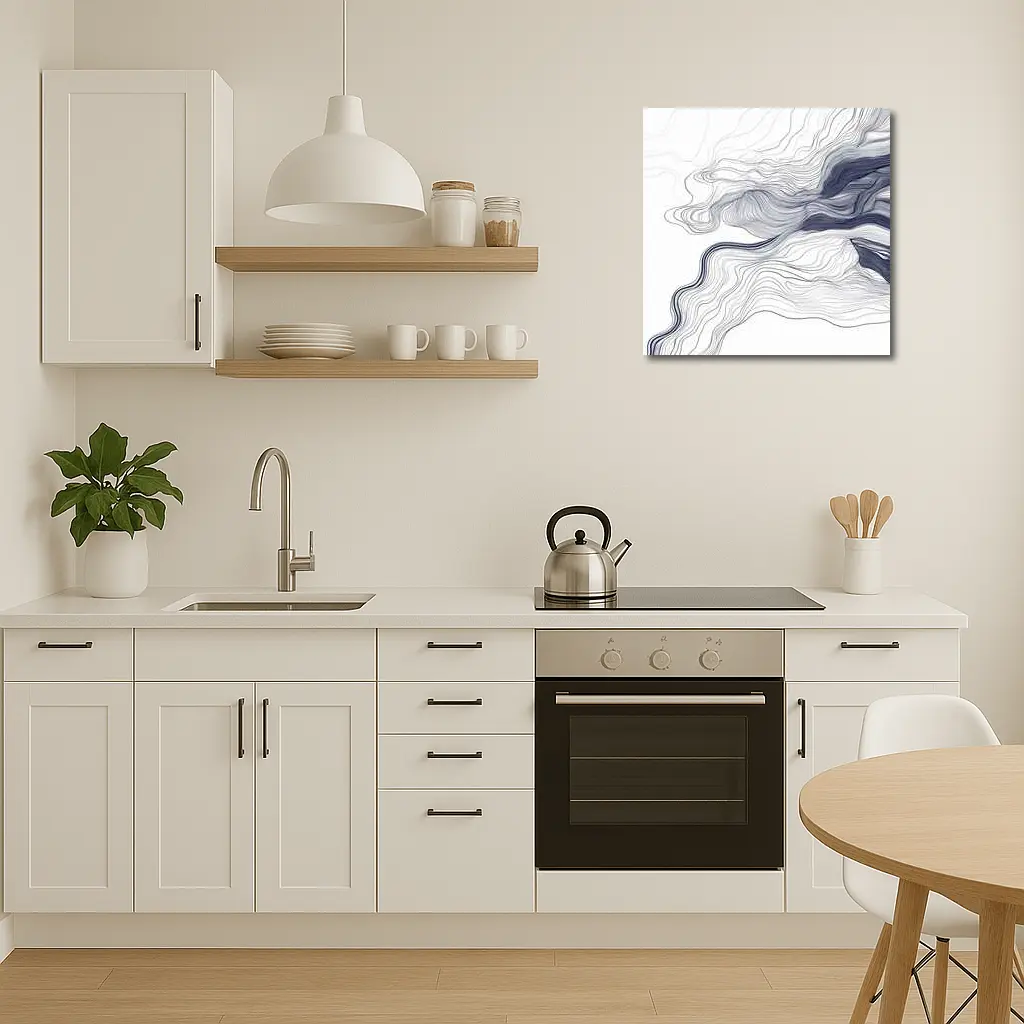Navy Blue Flowing Lines Abstract White Background – Wall Art