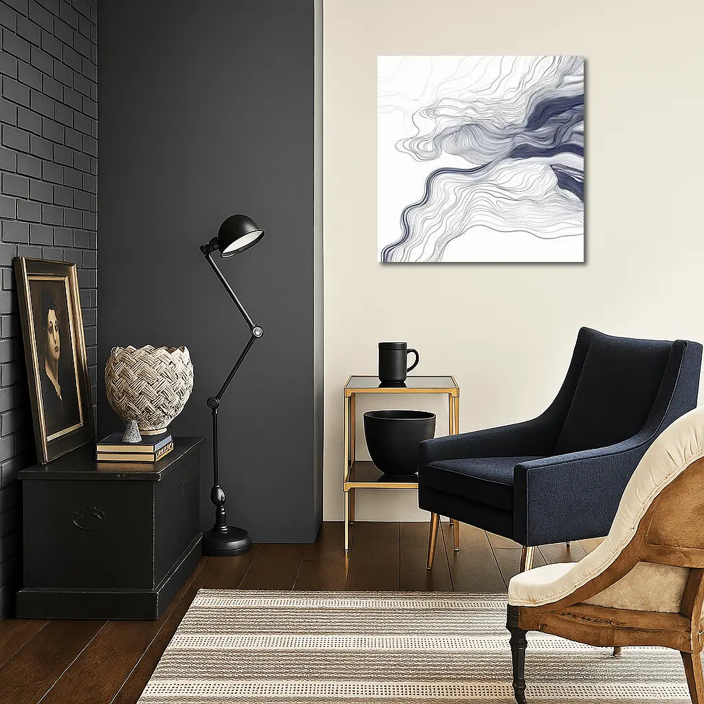 Navy Blue Flowing Lines Abstract White Background – Wall Art