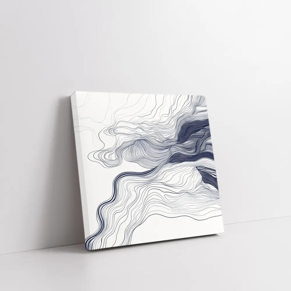 Navy Blue Flowing Lines Abstract White Background – Wall Art
