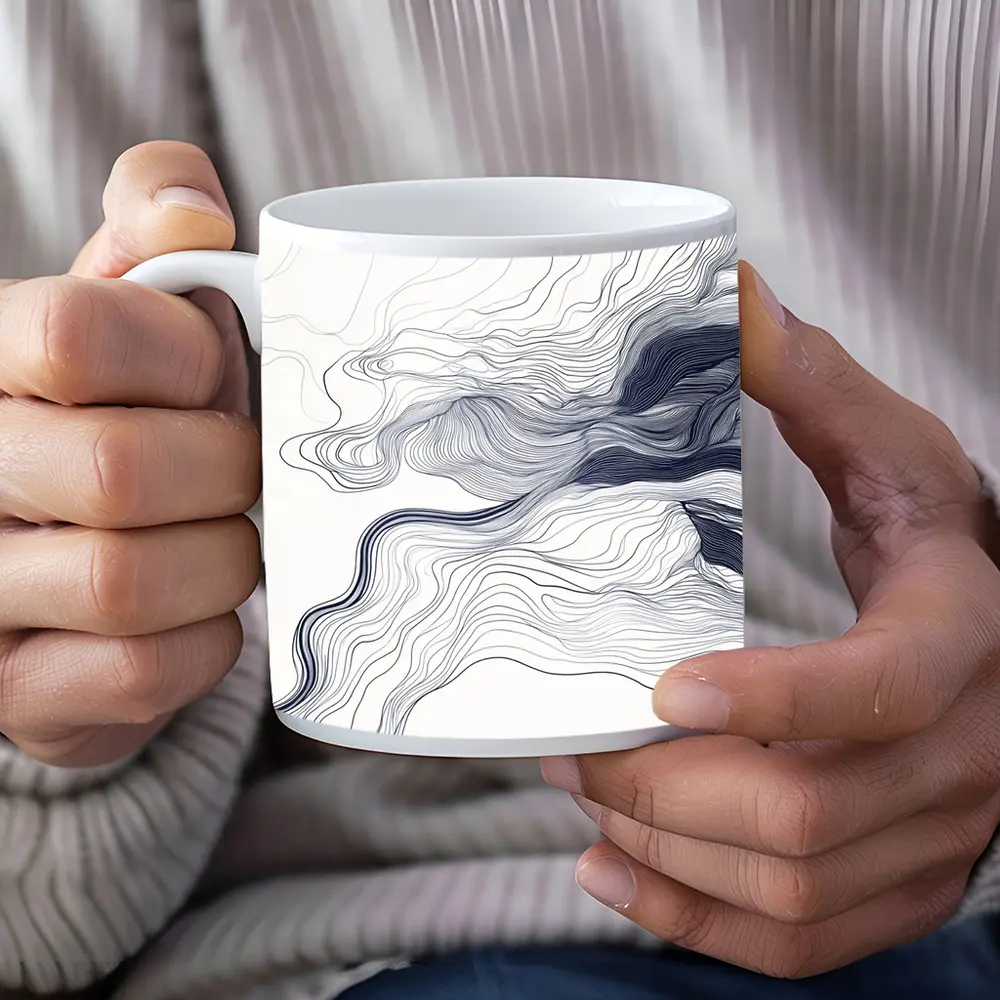 Navy Blue Flowing Lines Abstract White Background – Mugs