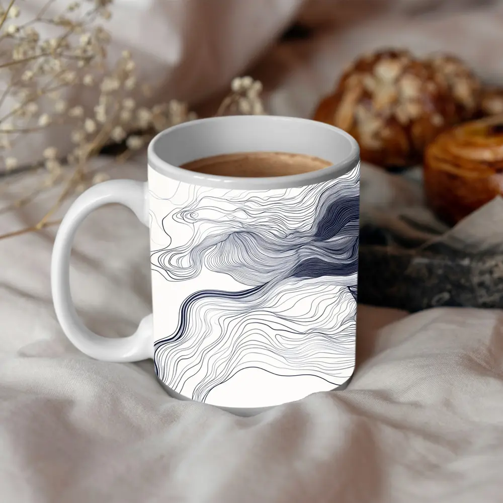 Navy Blue Flowing Lines Abstract White Background – Mugs