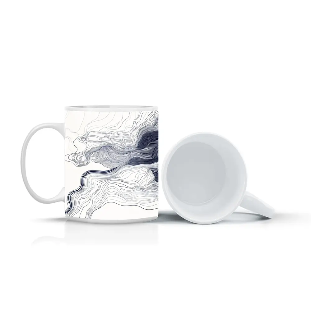Navy Blue Flowing Lines Abstract White Background – Mugs