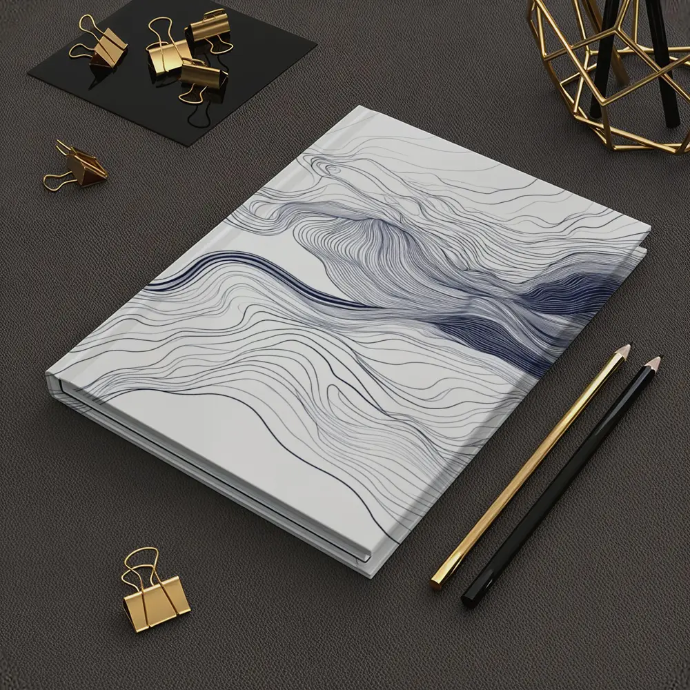 Navy Blue Flowing Lines Abstract White Background – Notebooks