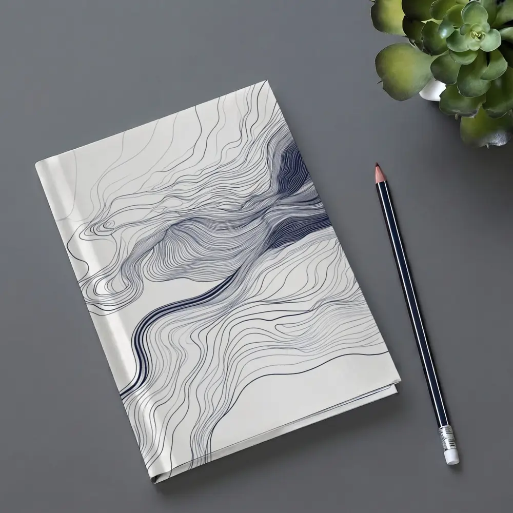 Navy Blue Flowing Lines Abstract White Background – Notebooks