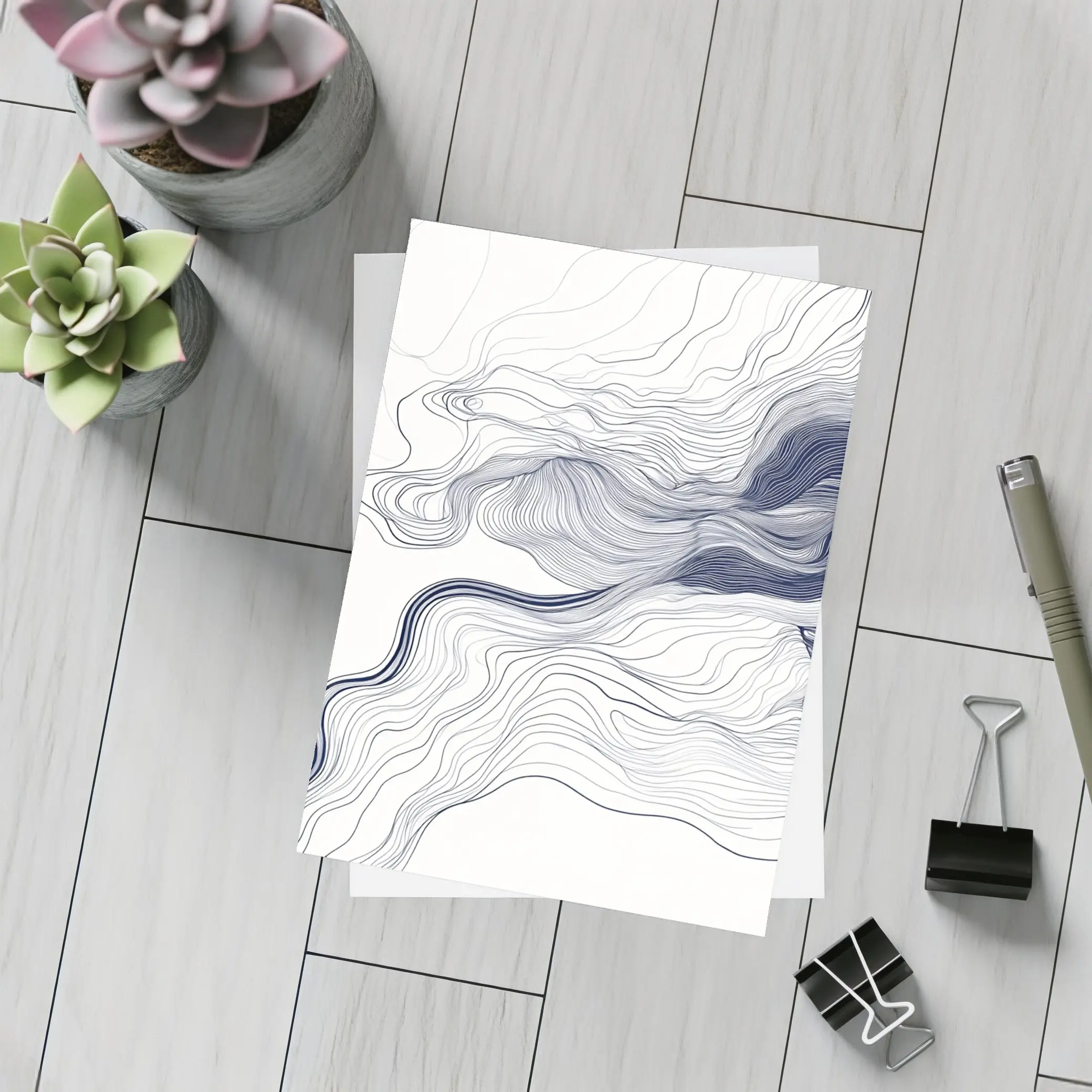 Navy Blue Flowing Lines Abstract White Background – Postcards
