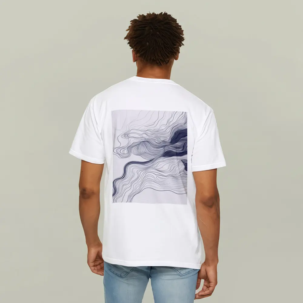 Navy Blue Flowing Lines Abstract White Background – T-Shirts