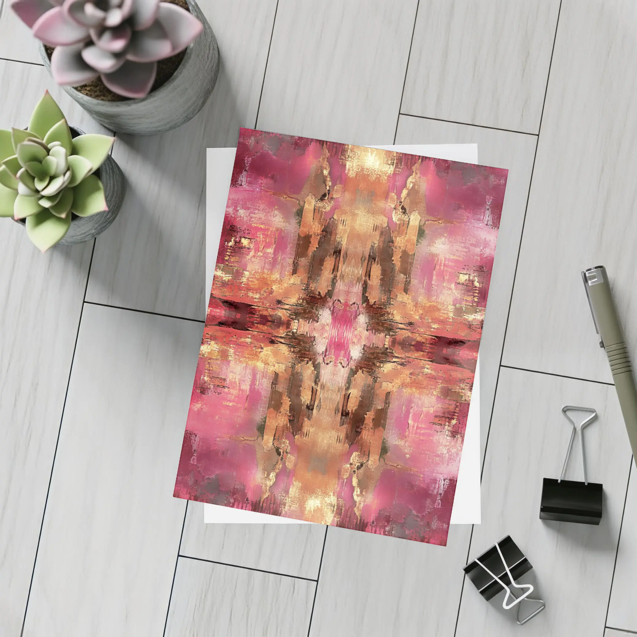 Pink Gold Abstract Mirrored Brushstroke Art – Postcards