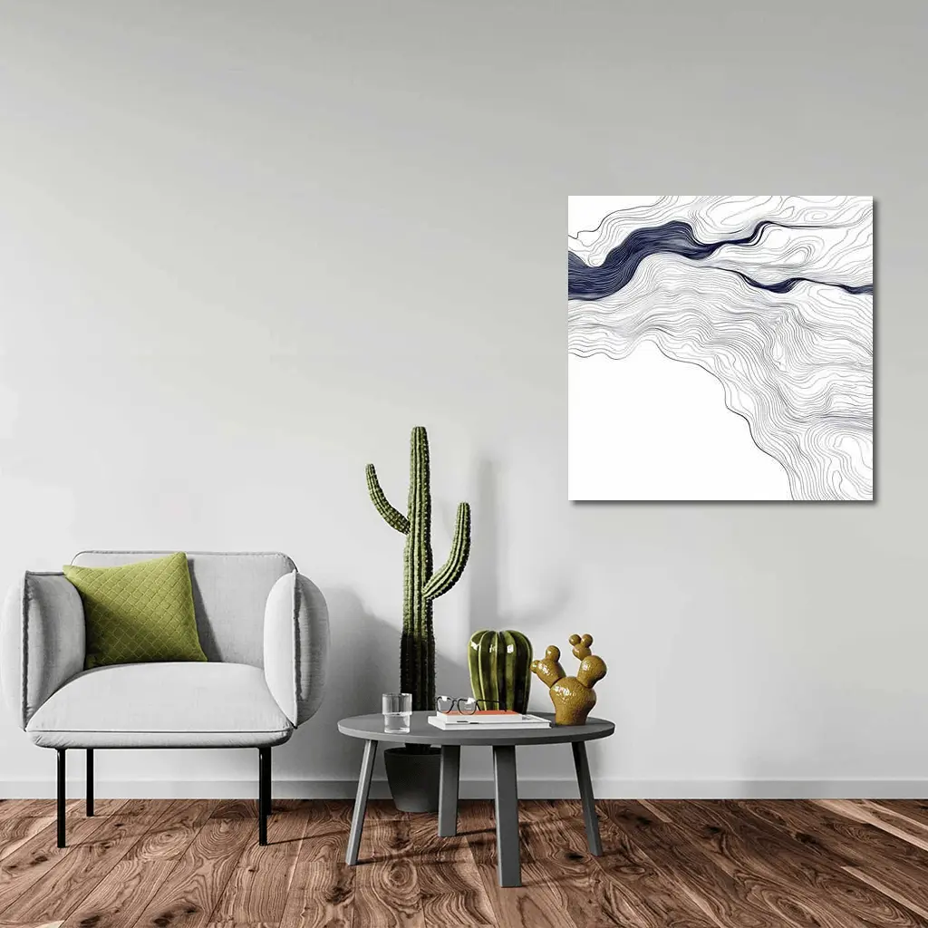 Navy Blue Wave Lines Abstract White Art – Wall Art