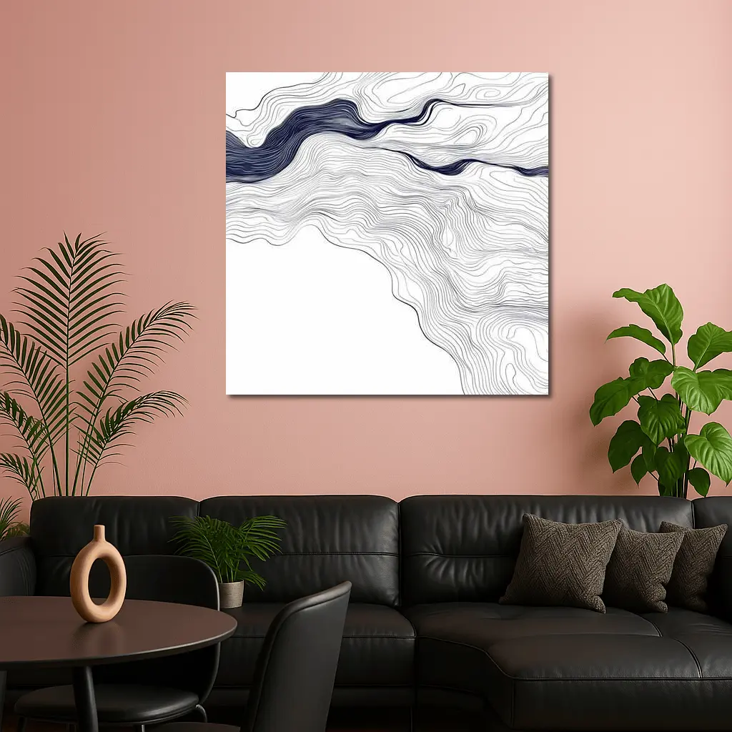 Navy Blue Wave Lines Abstract White Art – Wall Art